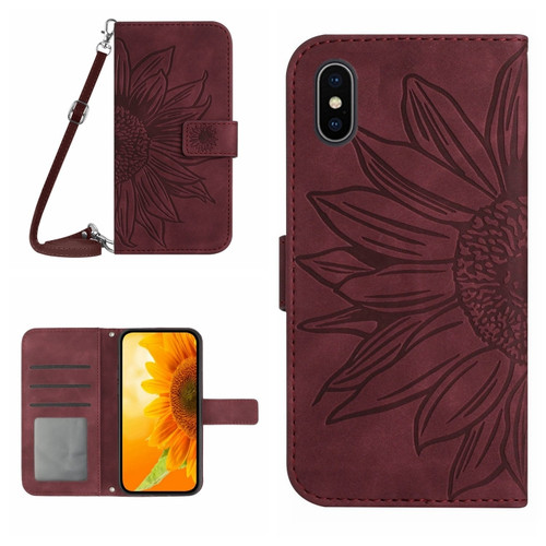 iPhone X / XS Skin Feel Sun Flower Pattern Flip Leather Phone Case with Lanyard - Wine Red