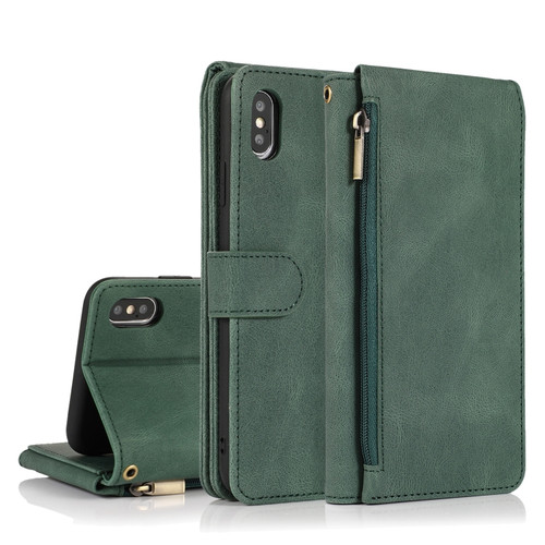 iPhone X / XS Skin-feel Crazy Horse Texture Zipper Wallet Bag Horizontal Flip Leather Case with Holder & Card Slots & Wallet & Lanyard - Dark Green