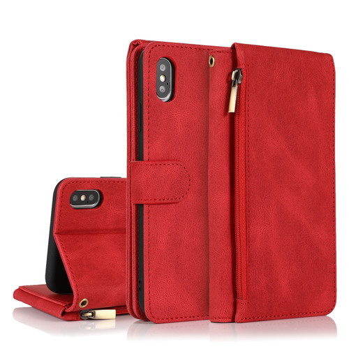 iPhone X / XS Skin-feel Crazy Horse Texture Zipper Wallet Bag Horizontal Flip Leather Case with Holder & Card Slots & Wallet & Lanyard - Red