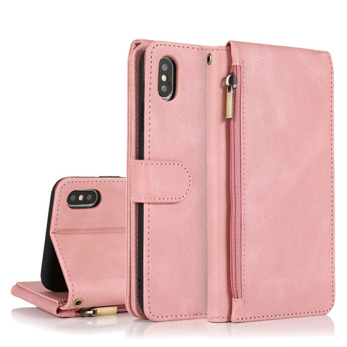 iPhone X / XS Skin-feel Crazy Horse Texture Zipper Wallet Bag Horizontal Flip Leather Case with Holder & Card Slots & Wallet & Lanyard - Rose Gold