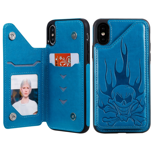 iPhone X / XS Skull Head Embossing Pattern Shockproof Protective Case with Holder & Card Slots & Wallet - Blue