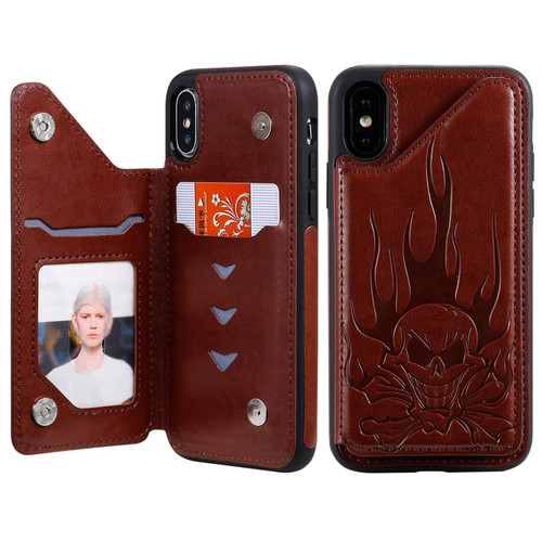 iPhone X / XS Skull Head Embossing Pattern Shockproof Protective Case with Holder & Card Slots & Wallet - Brown