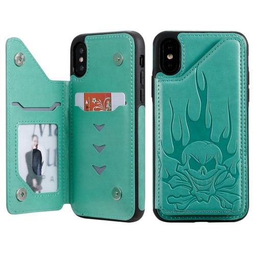 iPhone X / XS Skull Head Embossing Pattern Shockproof Protective Case with Holder & Card Slots & Wallet - Green