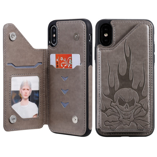 iPhone X / XS Skull Head Embossing Pattern Shockproof Protective Case with Holder & Card Slots & Wallet - Grey