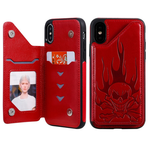 iPhone X / XS Skull Head Embossing Pattern Shockproof Protective Case with Holder & Card Slots & Wallet - Red