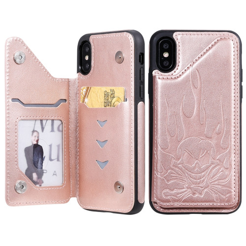 iPhone X / XS Skull Head Embossing Pattern Shockproof Protective Case with Holder & Card Slots & Wallet - Rose Gold