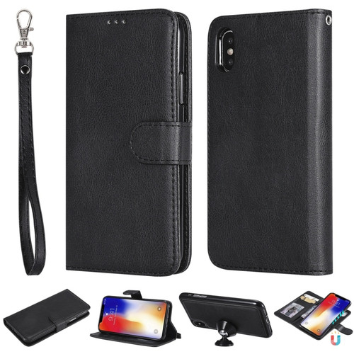 iPhone X / XS Solid Color Horizontal Flip Protective Case with Holder & Card Slots & Wallet & Photo Frame & Lanyard - Black