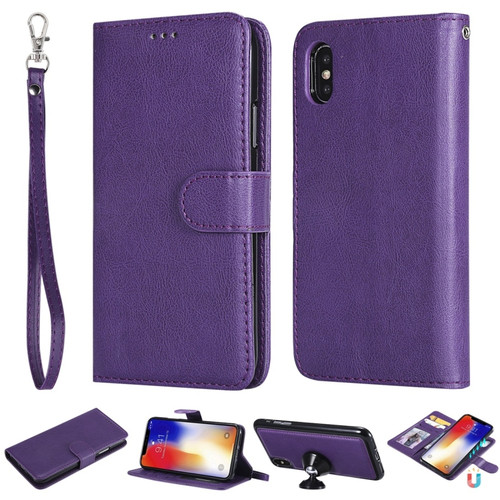 iPhone X / XS Solid Color Horizontal Flip Protective Case with Holder & Card Slots & Wallet & Photo Frame & Lanyard - Purple