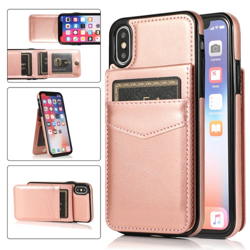iPhone X / XS Solid Color PC + TPU Protective Case with Holder & Card Slots - Rose Gold