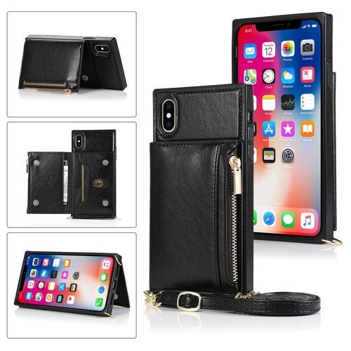 iPhone X / XS Square Zipper Wallet Bag TPU+PU Back Cover Case with Holder & Card Slots & Wallet & Cross-body Strap - Black