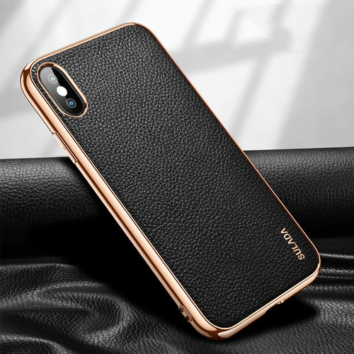 iPhone X / XS SULADA Litchi Texture Leather Electroplated Shckproof Protective Case - Black