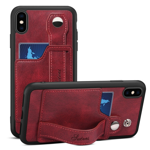 iPhone X / XS Suteni 215 Wrist Strap PU Phone Case - Red