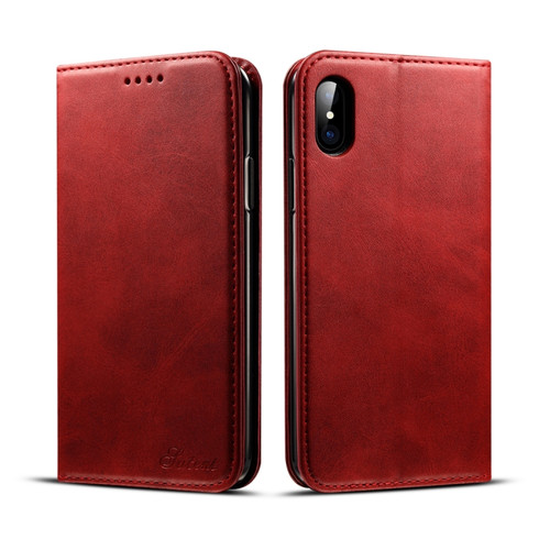 iPhone X / XS Suteni Calf Texture Horizontal Flip Leather Case with Holder & Card Slots & Wallet - Red