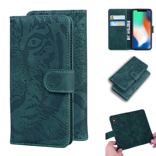 iPhone X / XS Tiger Embossing Pattern Horizontal Flip Leather Case with Holder & Card Slots & Wallet - Green