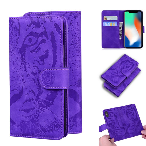 iPhone X / XS Tiger Embossing Pattern Horizontal Flip Leather Case with Holder & Card Slots & Wallet - Purple