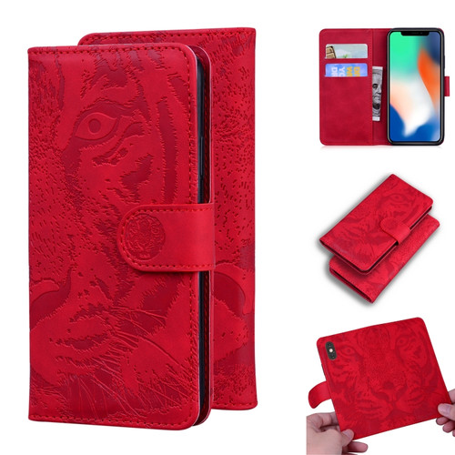 iPhone X / XS Tiger Embossing Pattern Horizontal Flip Leather Case with Holder & Card Slots & Wallet - Red