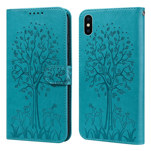 iPhone X / XS Tree & Deer Pattern Pressed Printing Horizontal Flip Leather Phone Case - Blue