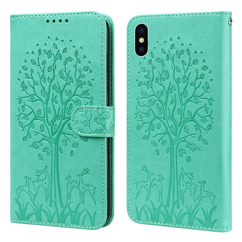 iPhone X / XS Tree & Deer Pattern Pressed Printing Horizontal Flip Leather Phone Case - Green