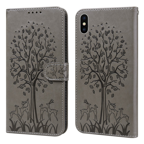 iPhone X / XS Tree & Deer Pattern Pressed Printing Horizontal Flip Leather Phone Case - Grey