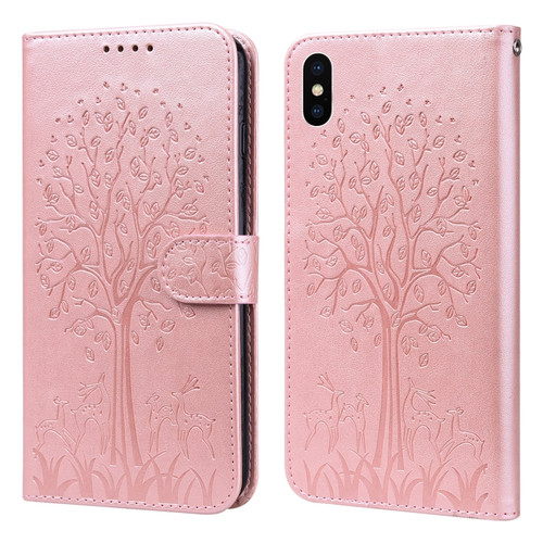 iPhone X / XS Tree & Deer Pattern Pressed Printing Horizontal Flip Leather Phone Case - Pink