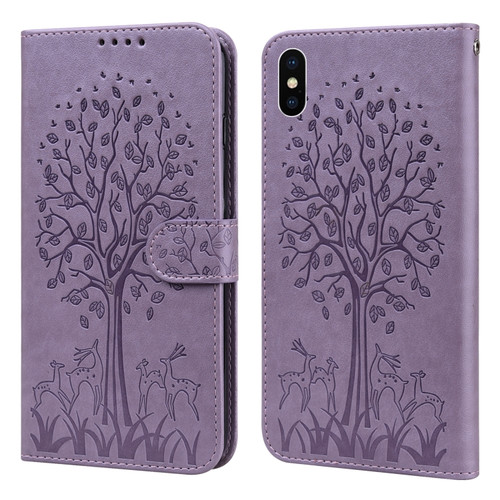 iPhone X / XS Tree & Deer Pattern Pressed Printing Horizontal Flip Leather Phone Case - Purple