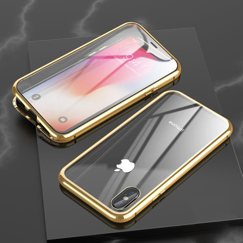 iPhone X / XS Ultra Slim Double Sides Magnetic Adsorption Angular Frame Tempered Glass Magnet Flip Case - Gold