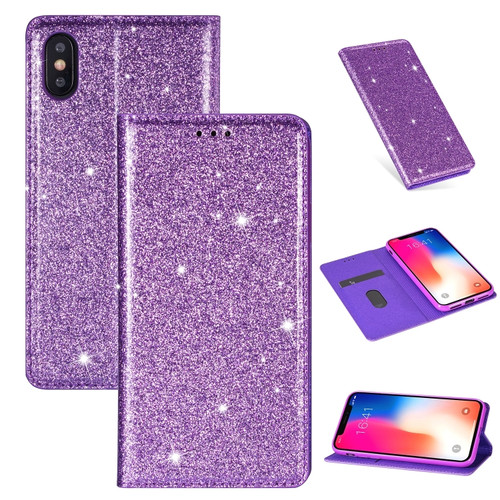 iPhone X / XS Ultrathin Glitter Magnetic Horizontal Flip Leather Case with Holder & Card Slots - Purple