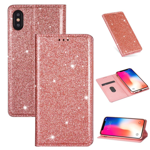 iPhone X / XS Ultrathin Glitter Magnetic Horizontal Flip Leather Case with Holder & Card Slots - Rose Gold