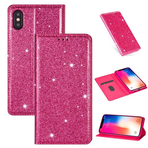 iPhone X / XS Ultrathin Glitter Magnetic Horizontal Flip Leather Case with Holder & Card Slots - Rose Red