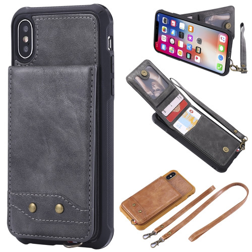 iPhone X / XS Vertical Flip Shockproof Leather Protective Case with Long Rope, Support Card Slots & Bracket & Photo Holder & Wallet Function - Gray