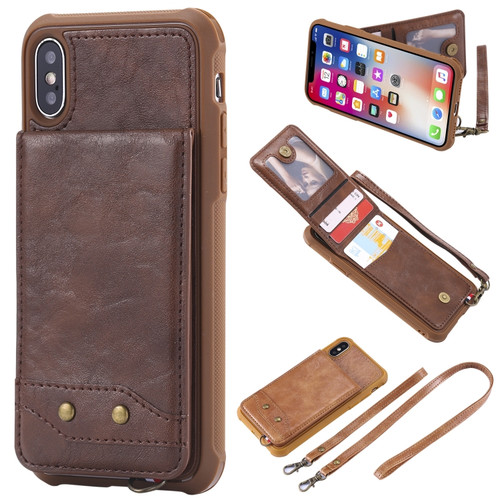iPhone X / XS Vertical Flip Shockproof Leather Protective Case with Long Rope, Support Card Slots & Bracket & Photo Holder & Wallet Function - 咖啡