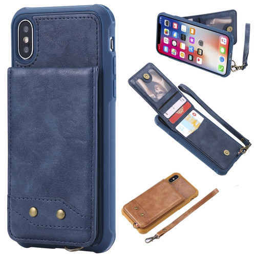 iPhone X / XS Vertical Flip Shockproof Leather Protective Case with Short Rope, Support Card Slots & Bracket & Photo Holder & Wallet Function - Blue