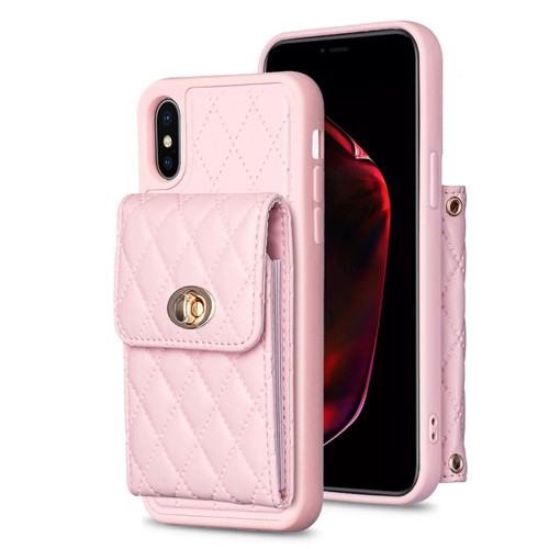 iPhone X / XS Vertical Metal Buckle Wallet Rhombic Leather Phone Case - Pink