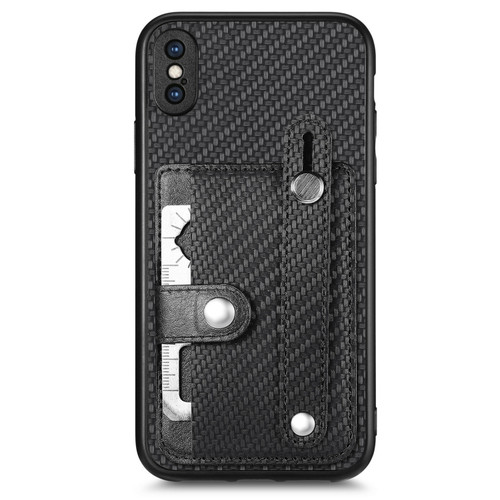 iPhone X / XS Wristband Kickstand Card Wallet Back Cover Phone Case with Tool Knife - Black