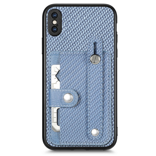 iPhone X / XS Wristband Kickstand Card Wallet Back Cover Phone Case with Tool Knife - Blue