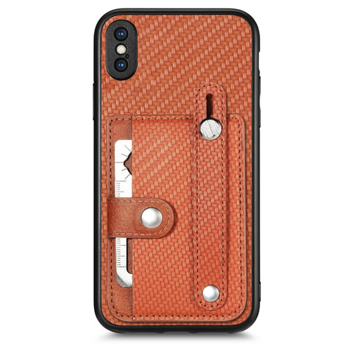 iPhone X / XS Wristband Kickstand Card Wallet Back Cover Phone Case with Tool Knife - Brown