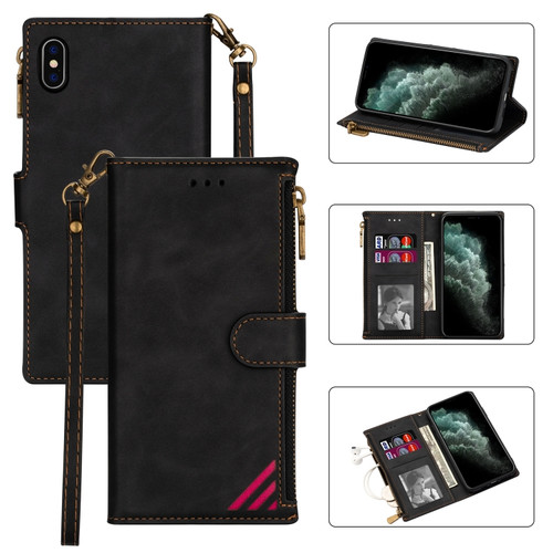 iPhone X / XS Zipper Multi-card Slots Horizontal Flip PU Leather Case with Holder & Card Slots & Wallet & Lanyard & Photo Frame - Black