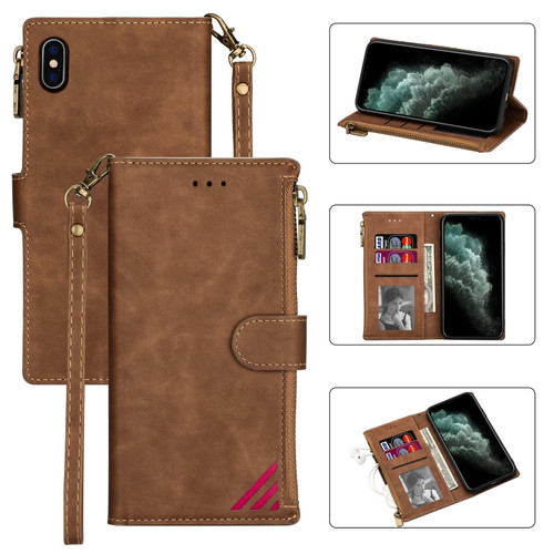 iPhone X / XS Zipper Multi-card Slots Horizontal Flip PU Leather Case with Holder & Card Slots & Wallet & Lanyard & Photo Frame - Brown