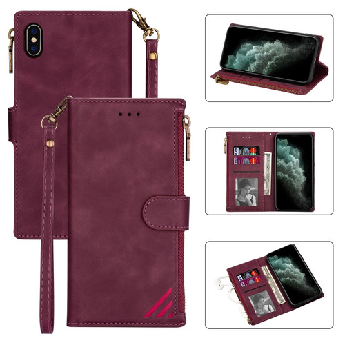 iPhone X / XS Zipper Multi-card Slots Horizontal Flip PU Leather Case with Holder & Card Slots & Wallet & Lanyard & Photo Frame - Wine Red