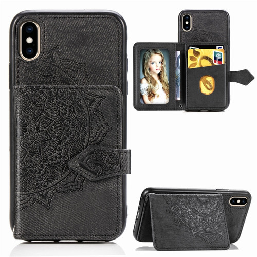 iPhone X/XS Mandala Embossed Magnetic Cloth PU + TPU + PC Case with Holder & Card Slots & Wallet & Photo Frame & Strap - Black