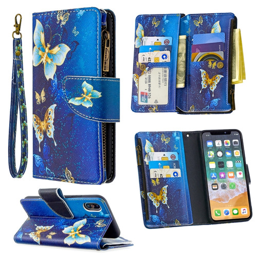 iPhone XS / X Colored Drawing Pattern Zipper Horizontal Flip Leather Case with Holder & Card Slots & Wallet - Gold Butterfly