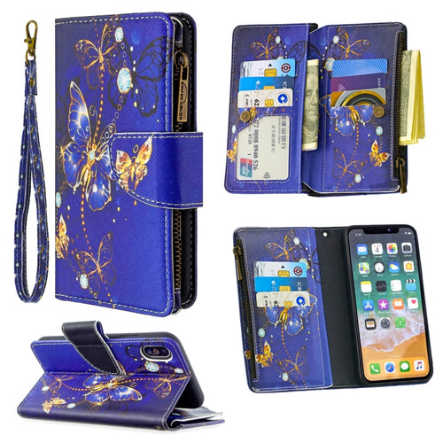 iPhone XS / X Colored Drawing Pattern Zipper Horizontal Flip Leather Case with Holder & Card Slots & Wallet - Purple Butterfly