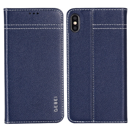 iPhone XS / X GEBEI Top-grain Leather Horizontal Flip Protective Case with Holder & Card Slots - Blue