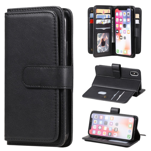 iPhone XS / X Multifunctional Magnetic Copper Buckle Horizontal Flip Solid Color Leather Case with 10 Card Slots & Wallet & Holder & Photo Frame - Black