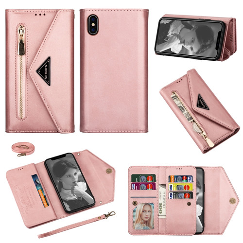 iPhone XS / X Skin Feel Zipper Horizontal Flip Leather Case with Holder & Card Slots & Photo Frame & Lanyard & Long Rope - Rose Gold