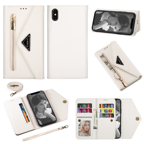 iPhone XS / X Skin Feel Zipper Horizontal Flip Leather Case with Holder & Card Slots & Photo Frame & Lanyard & Long Rope - White