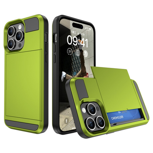 iPhone 15 Pro Max Multifunction Armor Slide Card Slot Phone Case - Grass Green