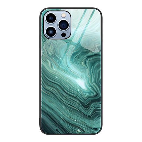 iPhone 15 Pro Max Marble Pattern Glass Protective Phone Case - Water Waves