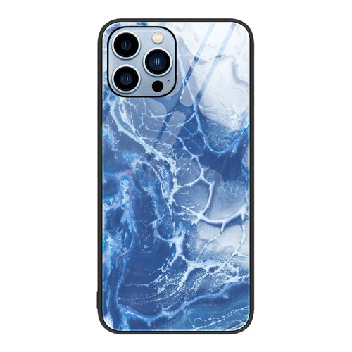 iPhone 15 Pro Max Marble Pattern Glass Protective Phone Case - Blue Ocean