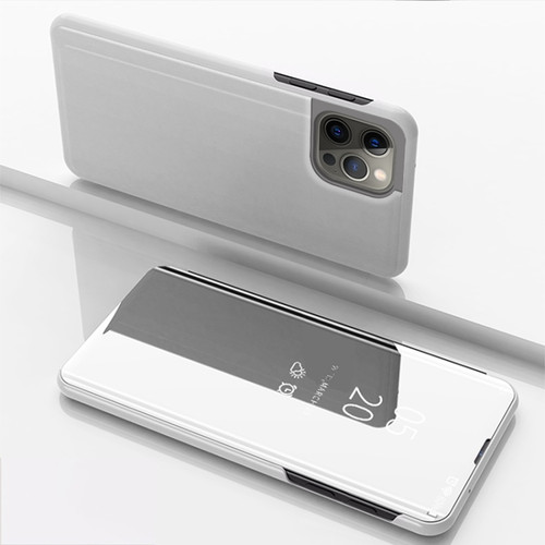 iPhone 15 Pro Plated Mirror Horizontal Flip Leather Phone Case with Holder - Silver